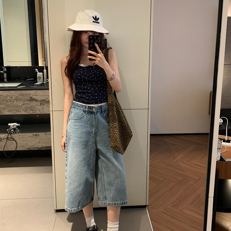 荒荒家美式七分蓝色牛仔裤2026新款高街小个子直筒休闲中短裤女夏