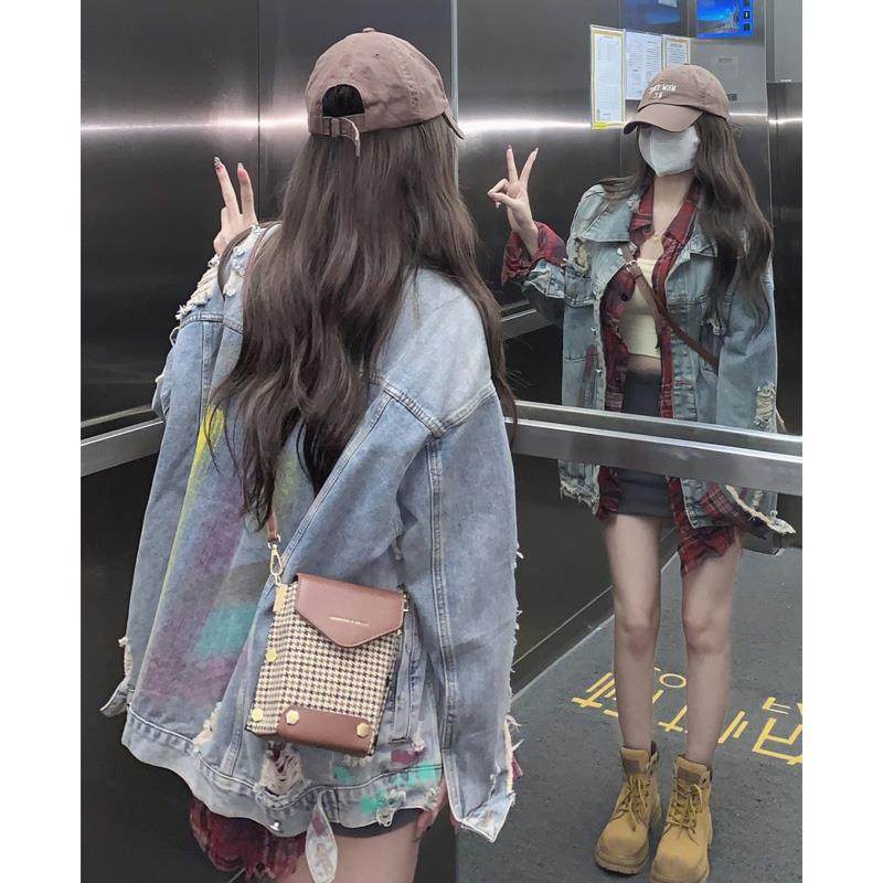 美式复古港风涂鸦牛仔外套女装春秋季高级设计感小众个子夹克上衣
