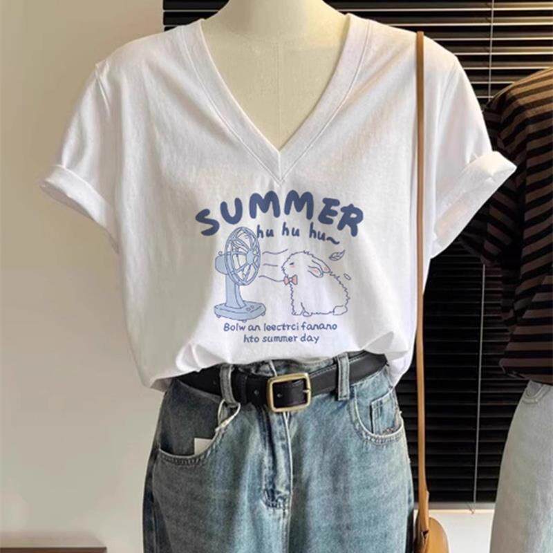 白色V领印花短袖T恤女2025新款夏季薄款宽松休闲洋气减龄正肩上衣