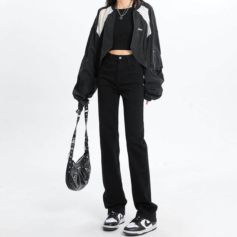 黑色直筒牛仔裤女2025春季新款高腰弹力窄版阔腿百搭九分烟管长裤