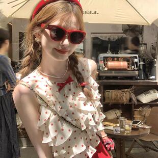 复古小众设计感上衣 法式 Acaine圆领荷叶边波点无袖 小背心女夏季