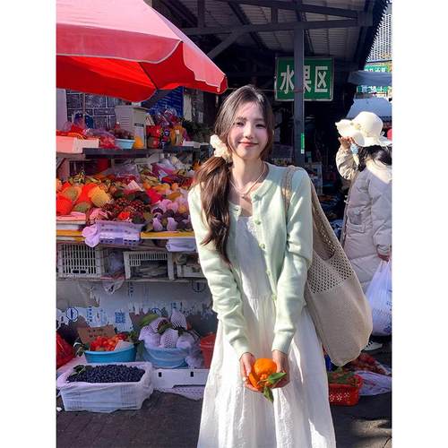 cozydays清新蜜瓜绿长袖针织开衫女2024早秋新款气质百搭圆领上衣