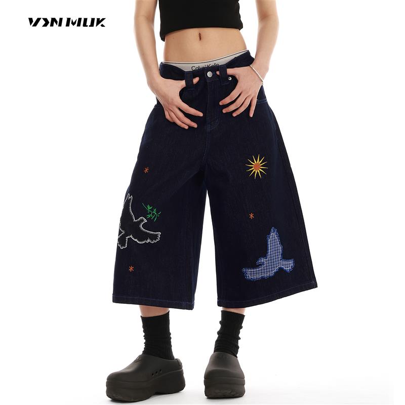VINMUK趣味刺绣设计感牛仔裤美式短裤男夏季复古丹宁五分裤七分裤
