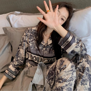 水墨画真丝长袖 新款 睡衣女夏网红风高级感轻奢情侣家居服送人礼盒