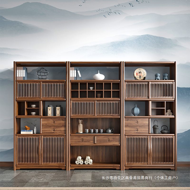 新中式茶叶柜黑胡桃置物架实木书架书柜展示柜多宝阁老榆木博古架