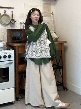 大码女装胖mm韩系复古蕾丝钩花马甲女叠穿绿色长袖衬衫阔腿裤套装