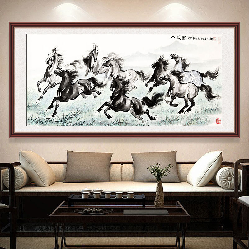 八骏图装饰画八骏图自粘壁画客厅办公室装饰画八骏马墙贴马到成功图片