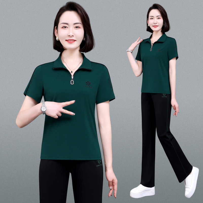 恩狐中年妈妈夏季新款时尚休闲运动套装中老年女遮肉减龄两件套装