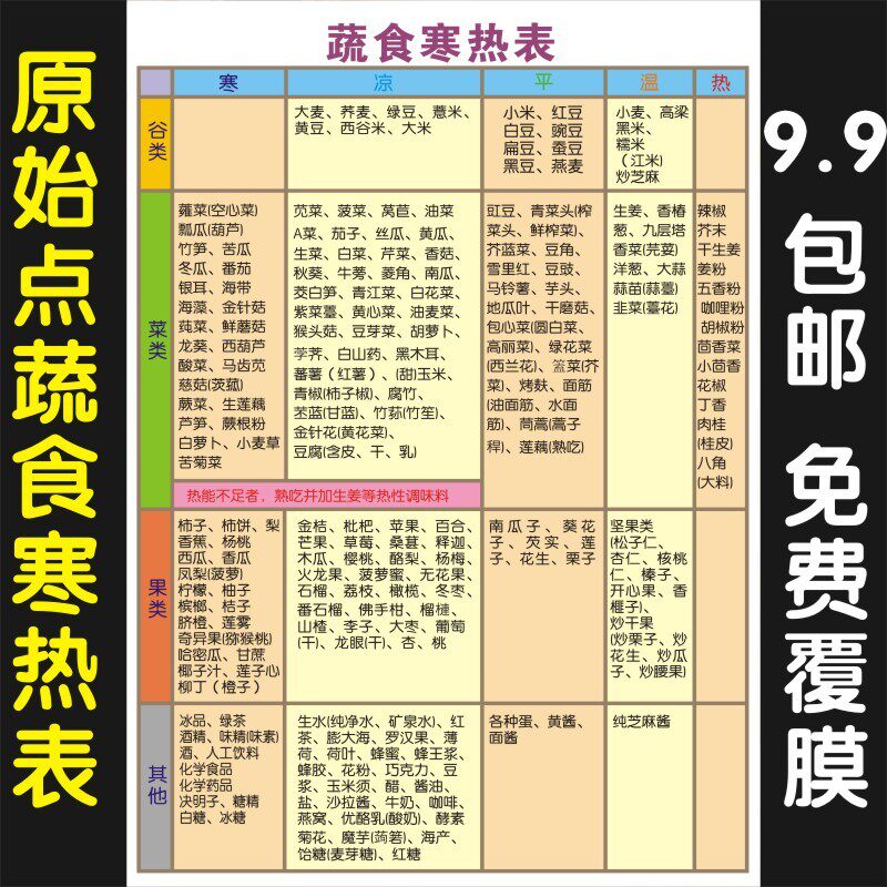 蔬食寒热表家用食物挂图中医膳食养生文化宣传海报传统原始点知识
