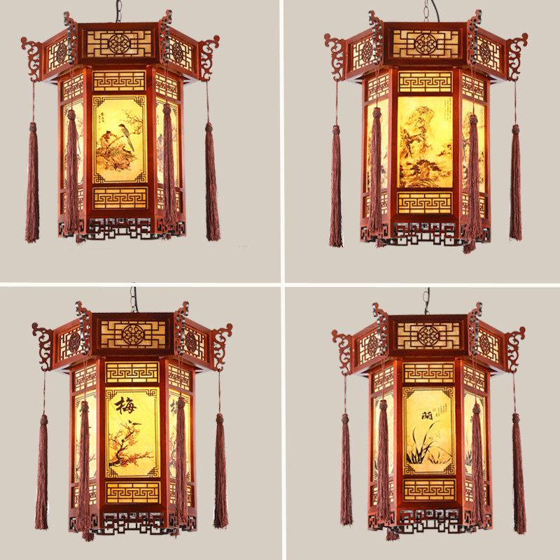 中式吊灯实木酒楼包厢走廊羊皮灯宫廷寺庙仿古典灯笼餐厅火锅店灯