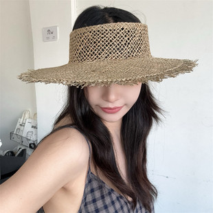 2025夏季镂空咸草空顶大檐帽度假海边拍照小众遮阳草编沙滩草帽女