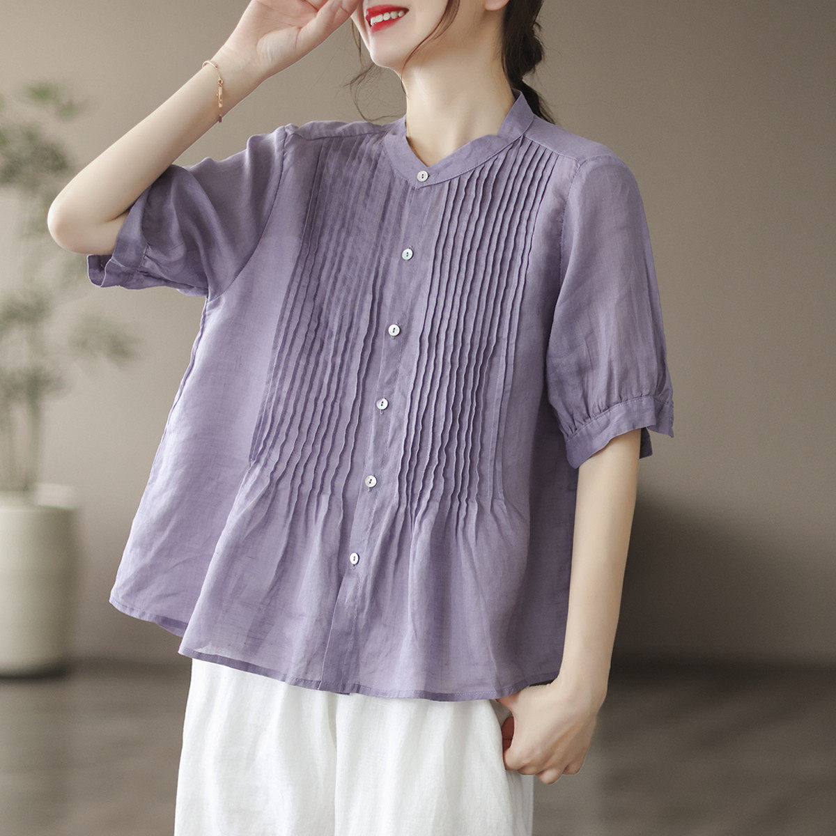 新品外贸出口亚麻上衣女夏季薄款短袖衬衣宽松大码棉麻衬衫a字娃