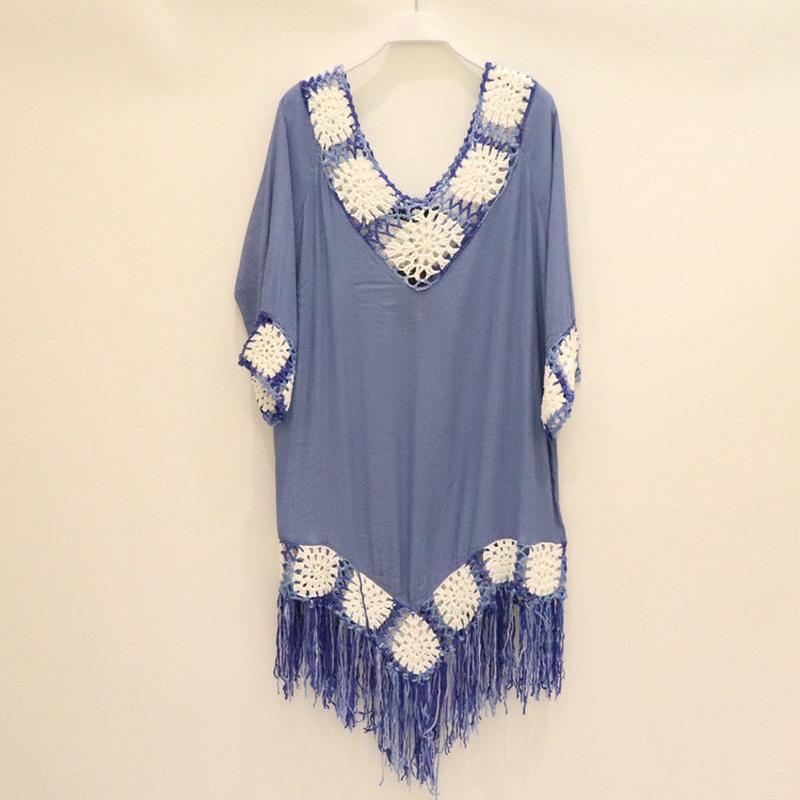 外贸新款手钩流苏花边户外镂空手编沙滩现货防晒波西米亚沙滩裙女