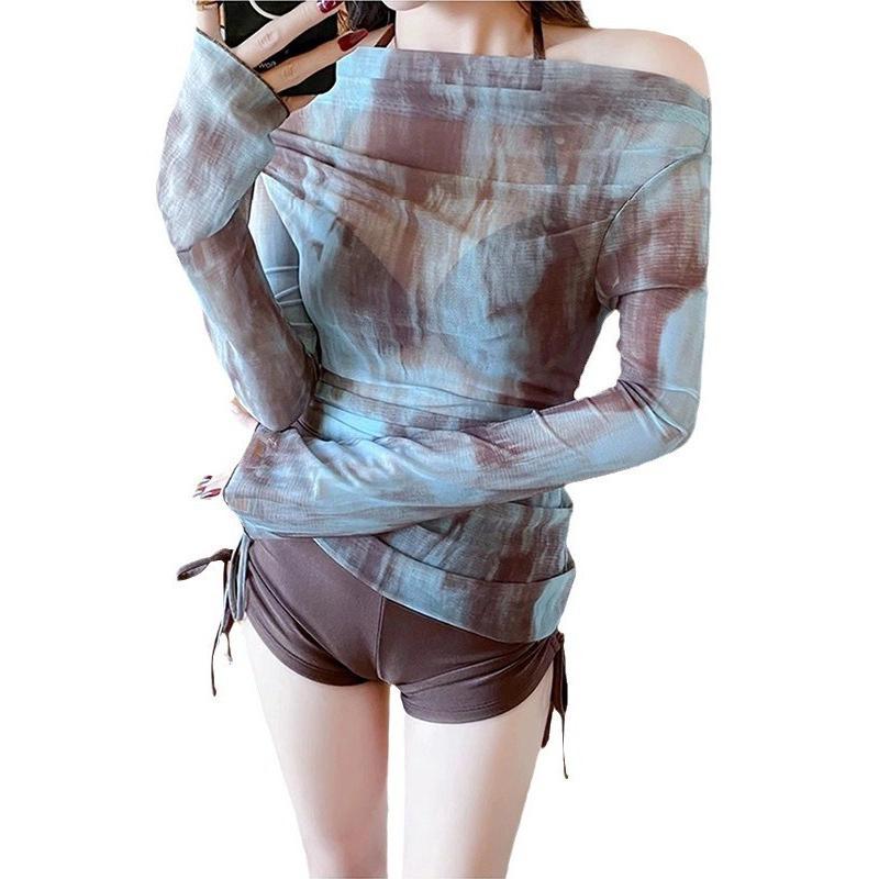 泳衣女款分体三件套长袖时尚扎染罩衫性感比基尼保守显瘦修身泳衣