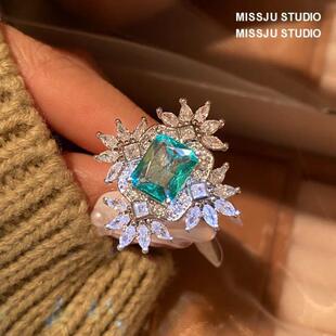 高档蕊女花朵可调节时髦潮满钻花绿钻食指戒指时尚环气质约街拍