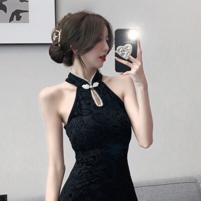 夏季直播衣服女主播气质名媛高级感钉珠新中式挂脖旗袍改良连衣裙