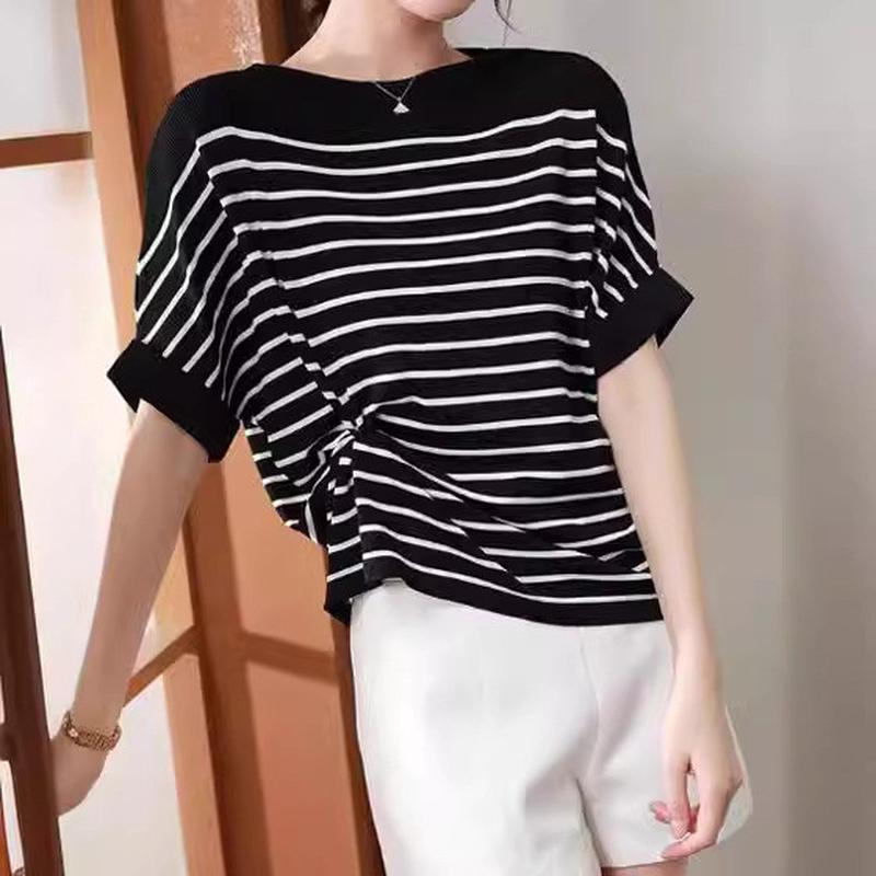 一字领冰丝短袖针织衫女百搭宽松条纹蝙蝠袖上衣舒适套头打底衫夏