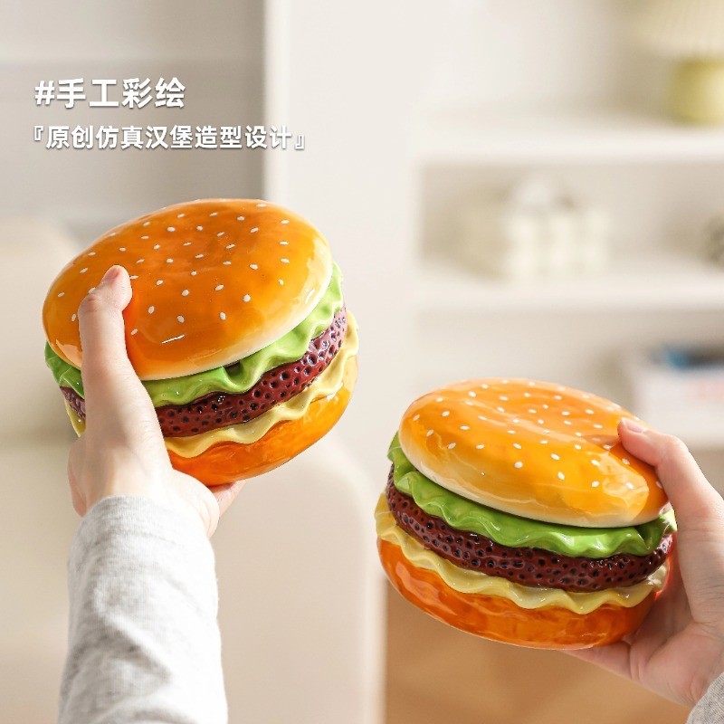 创意汉堡造型陶瓷烟灰缸带盖防飞灰大容量家用办公室客厅桌面烟缸