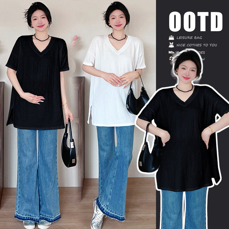 大码孕妇短衣t恤夏季V领时尚中长款女宽松百搭开叉气质显瘦200斤,孕妇装/孕产妇用品/营养,T恤,淘宝优惠券,粉丝福利购,淘宝优惠卷