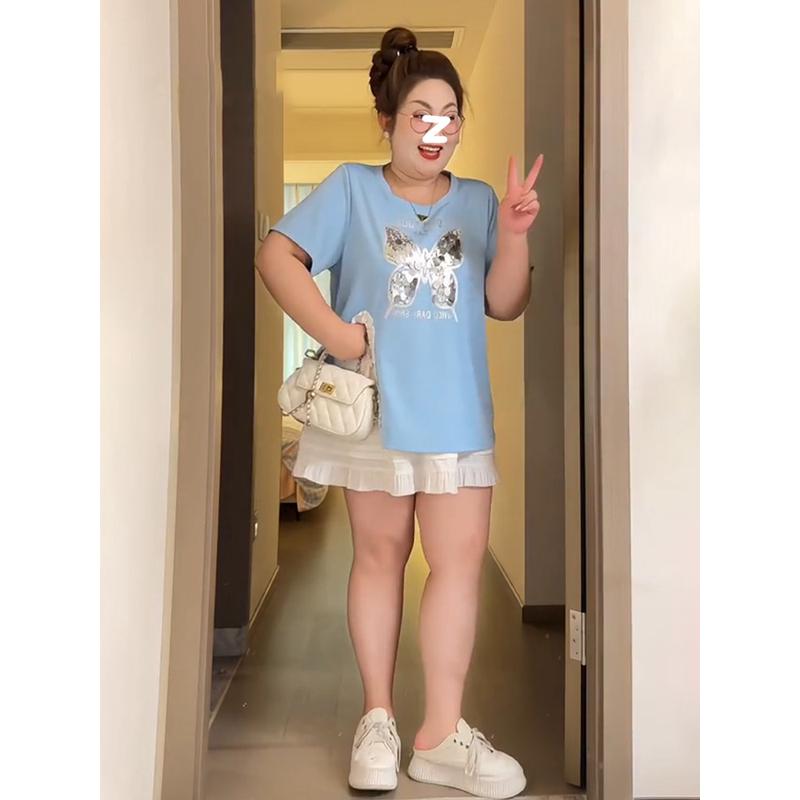 轻奢高货大码亮片蝴蝶开叉短袖T恤上衣女夏季微胖mm高腰显瘦a字半