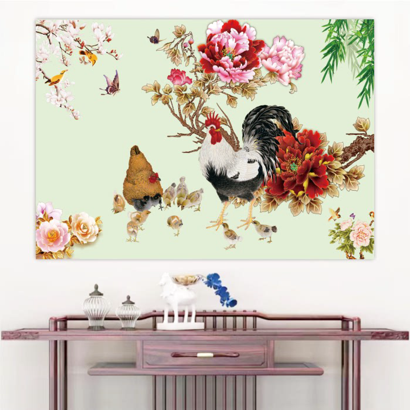 鸡群图花开富贵装饰画公鸡母鸡小鸡图客厅餐厅壁画大公鸡图吉祥画图片