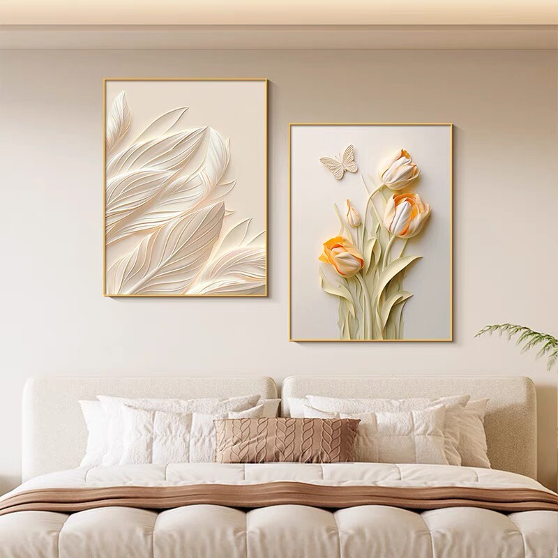 轻法式奶油风卧室装饰画花卉主卧床头组合挂画餐厅背景墙两联壁画图片