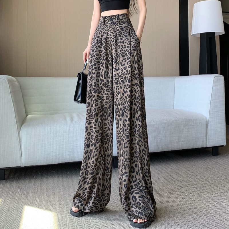 现货美式咖色豹纹阔腿西装裤女夏季设计感高腰休闲裤垂坠感拖地直