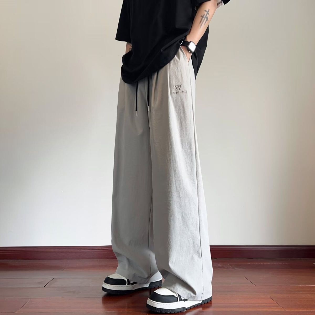 美式刺绣冰丝裤子男款夏季薄款垂感阔腿山本裤防晒速干工装伞兵裤