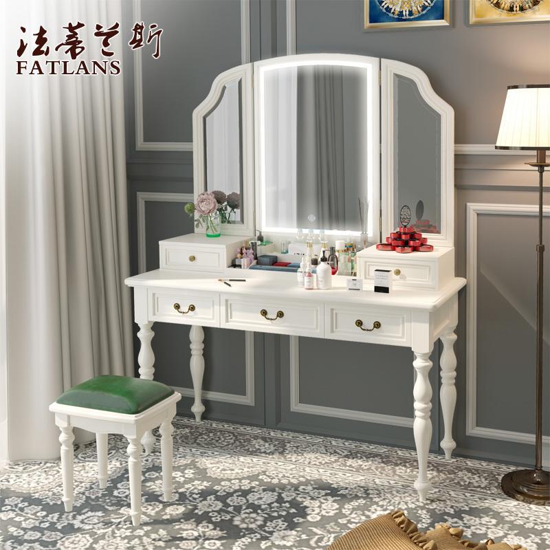 纯实木1-1.2-1.4米80cm美式90网红智能带灯镜子led可折叠大梳妆台