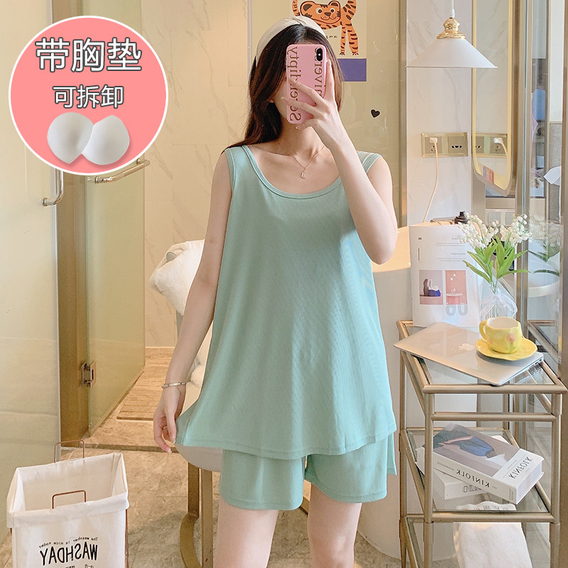 现货带胸垫睡衣女夏季背心凉感弹力冰丝无袖胖mm大码200斤短裤套