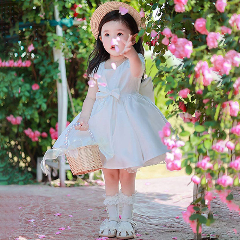 儿童长袖生日礼服花童婚礼小女孩婚纱公主裙缎面花嫁蓬蓬连衣裙子