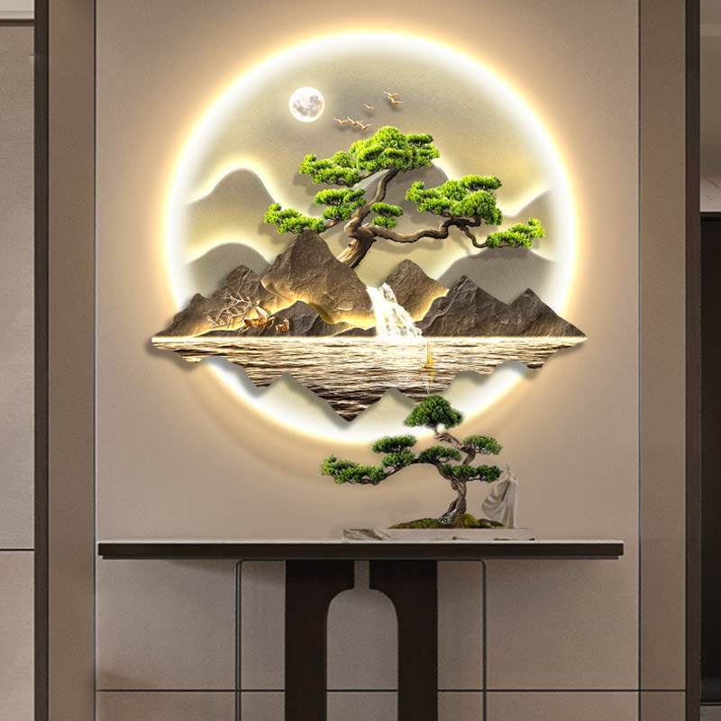 迎客松新中式入户发光玄关立体装饰画山水LED灯光画茶室壁画挂画图片