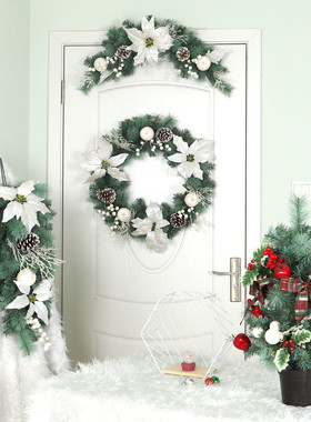 装饰门蓝色pvc圣诞花环松针松果圣诞节挂花圈节日布置道具