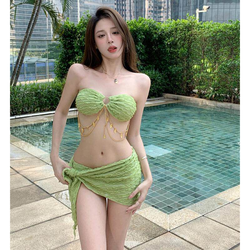 泳衣女性感绑带比基尼三件套INS分体游泳衣小胸聚拢纯欲链条泳装