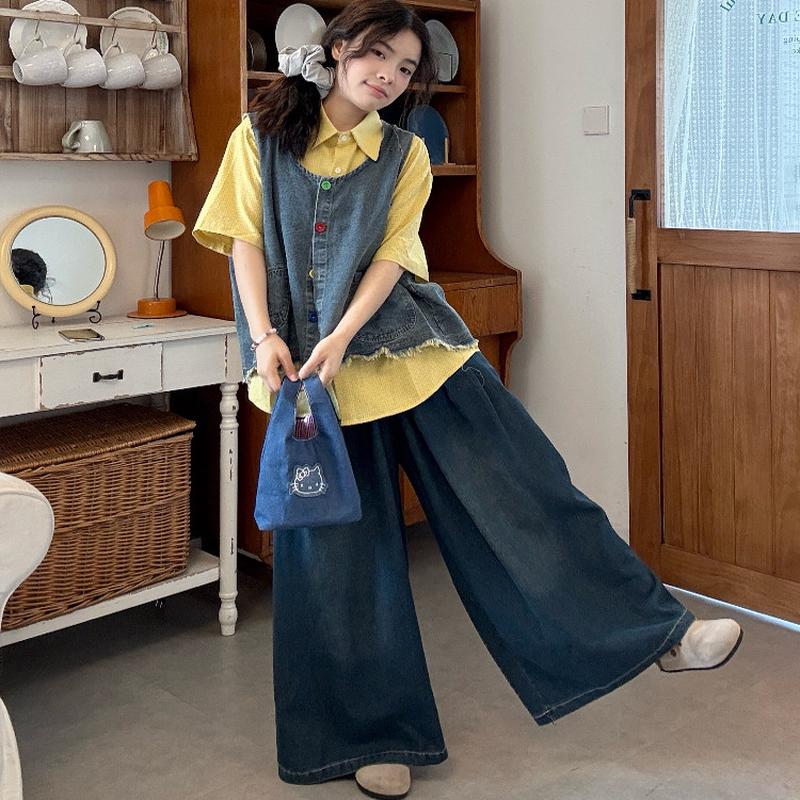 大码胖mm韩系甜美糖果色纽扣马甲女装叠穿格纹衬衫牛仔阔腿裤套装