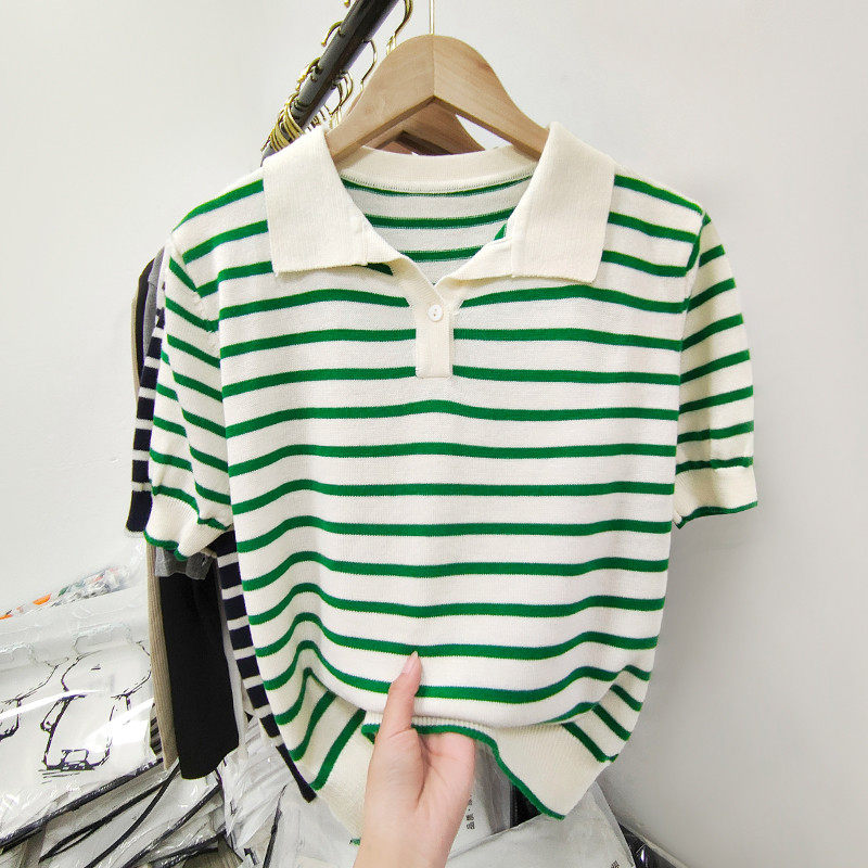 新品polo领条纹针织衫女士夏季薄款短袖t恤2025年新款小衫设计感