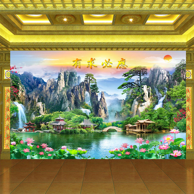 仙堂有求必应山水风景画油画风格背景墙纸流水生财荷花佛道仙壁纸
