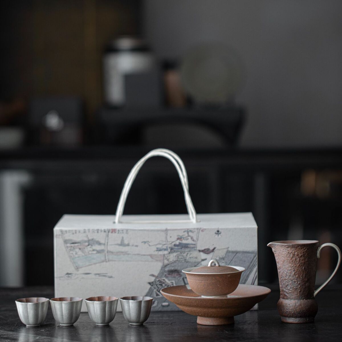 中式老岩泥浮梁盖碗手工鎏银泡茶功夫茶具茶杯家用复古手执茶器碗