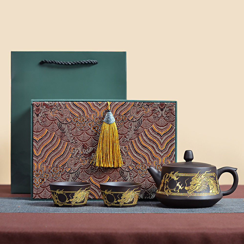 原矿宜兴手工紫砂壶家用茶壶陶瓷功夫茶具金龙泡茶壶套装流苏礼盒