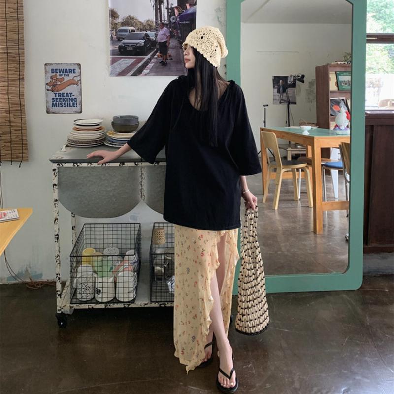 大码女装胖mm韩系慵懒风花边V领短袖T恤女不规则网纱半身裙两件套