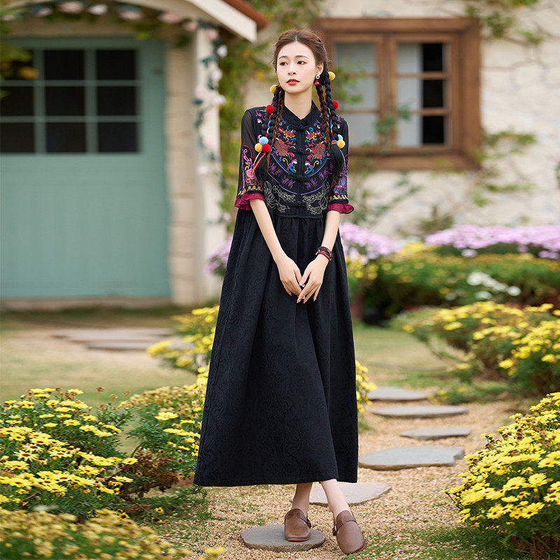 现货新款文艺范棉麻提花民族风重工刺绣盘扣马夹裙子背心马甲裙