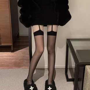 防勾丝纯欲情调美腿 网红黑色一体吊带丝袜女性感过膝长筒黑丝薄款