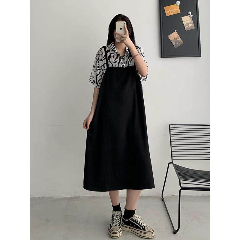 大码女2025夏装新款胖mm遮肚显瘦雪纺背带裙洋气假两件拼接