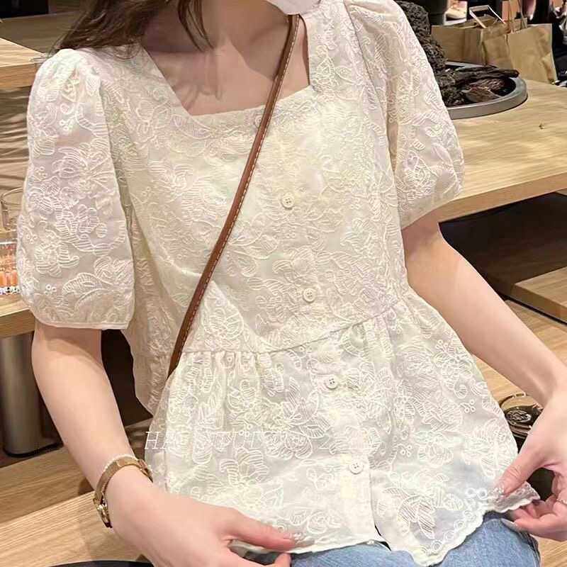 收腰遮肚方领娃娃衫别致漂亮小衫法式泡泡袖刺绣裙摆夏,女装/女士精品,衬衫,淘宝优惠券,粉丝福利购,淘宝优惠卷