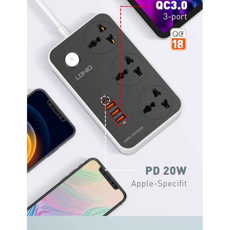 LDNIO港版英规带USB插排插座英式标插头PD20W拖板QC3.0快充黑色