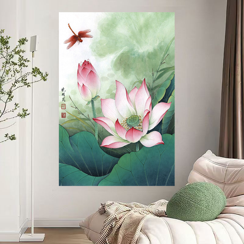 新中式荷花和家欢玄关走廊装饰画写意国画清新简约客厅背景自粘画图片