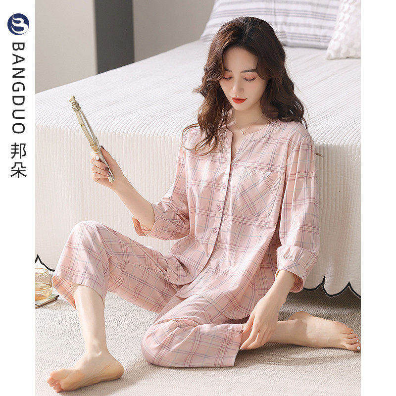 梭织棉纱布睡衣女春秋款七分袖女款夏季薄款全棉大码可外穿家居服,女士内衣/男士内衣/家居服,睡衣/家居服套装,淘宝优惠券,粉丝福利购,淘宝优惠卷