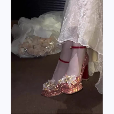 现货红色婚鞋女2025新款新娘鞋粗跟防水台小个子高跟鞋玛丽珍单鞋