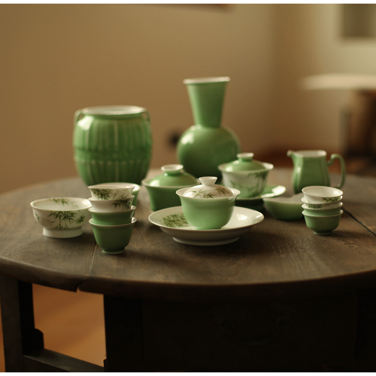 |梅似雪|《豆青翠竹》整套功夫茶具 盖碗茶杯工夫茶 手绘高温陶瓷
