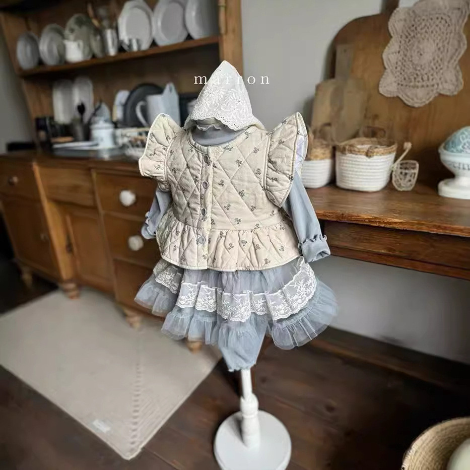 儿童秋季套装韩版童装宝宝衣服女童马甲打底衫花边裙打底裤套装